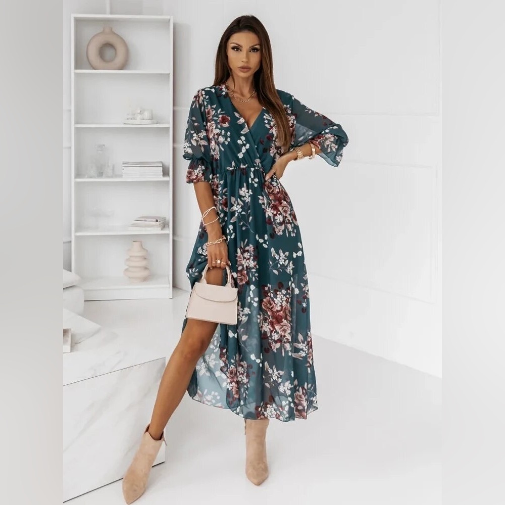 Dark Emerald Floral Print Faux-Wrap Midi Dress